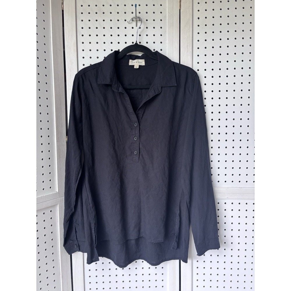 Cloth & Stone Women's M Lyocell Popover 1/2 Button Blouse Shirt Long SLV Black